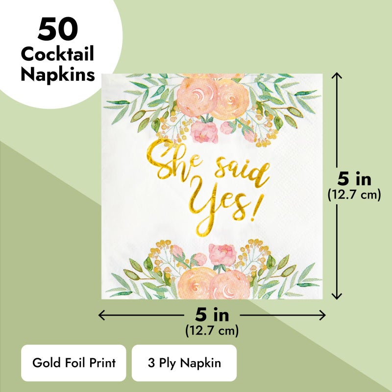 Sparkle and Bash Engagement Napkins for Party - 50-Pack, 5 x 5 In, 3-Ply, Gold Foil - She Said Yes Floral Design - Cocktail Napkins & Engagement Paper - Image 3